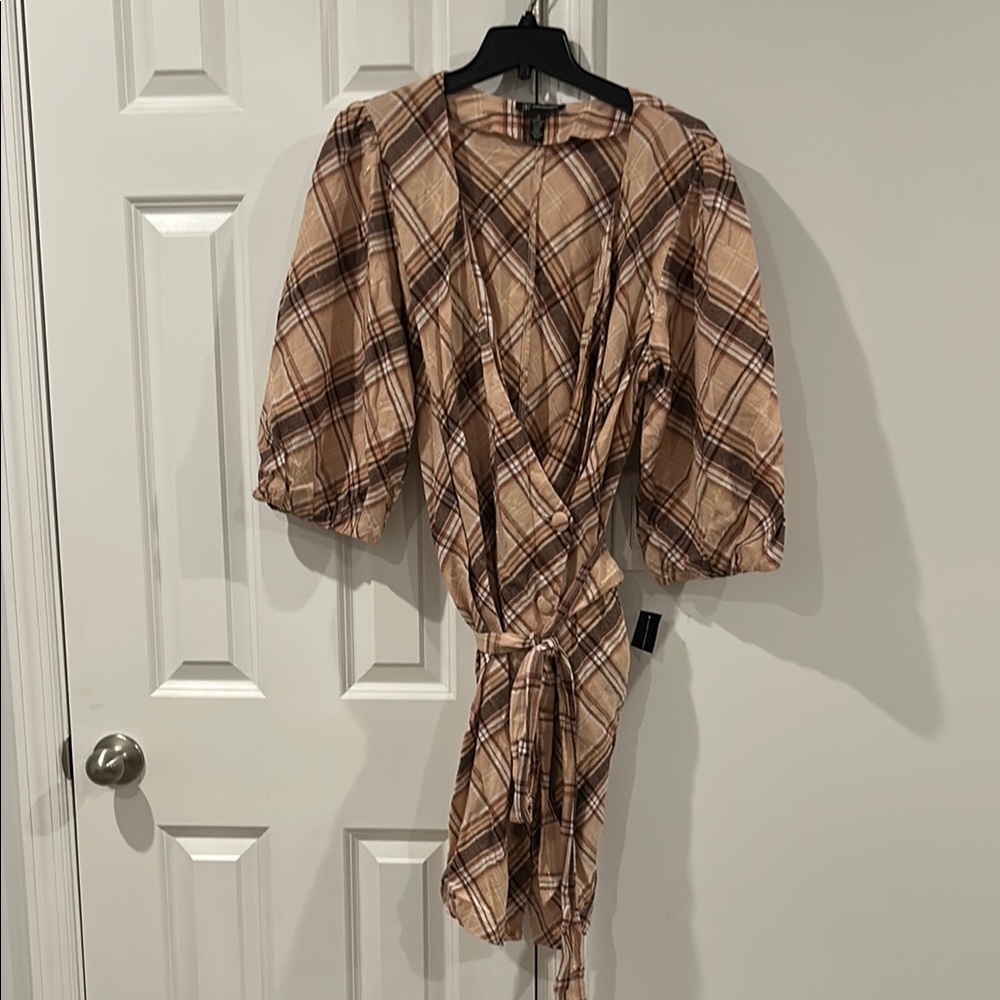 INC International Concepts Tan Plaid Wrap Dress